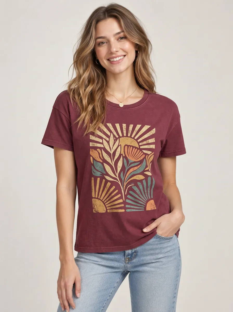 Leisure Women's Boho Floral Sun Graphic Tee