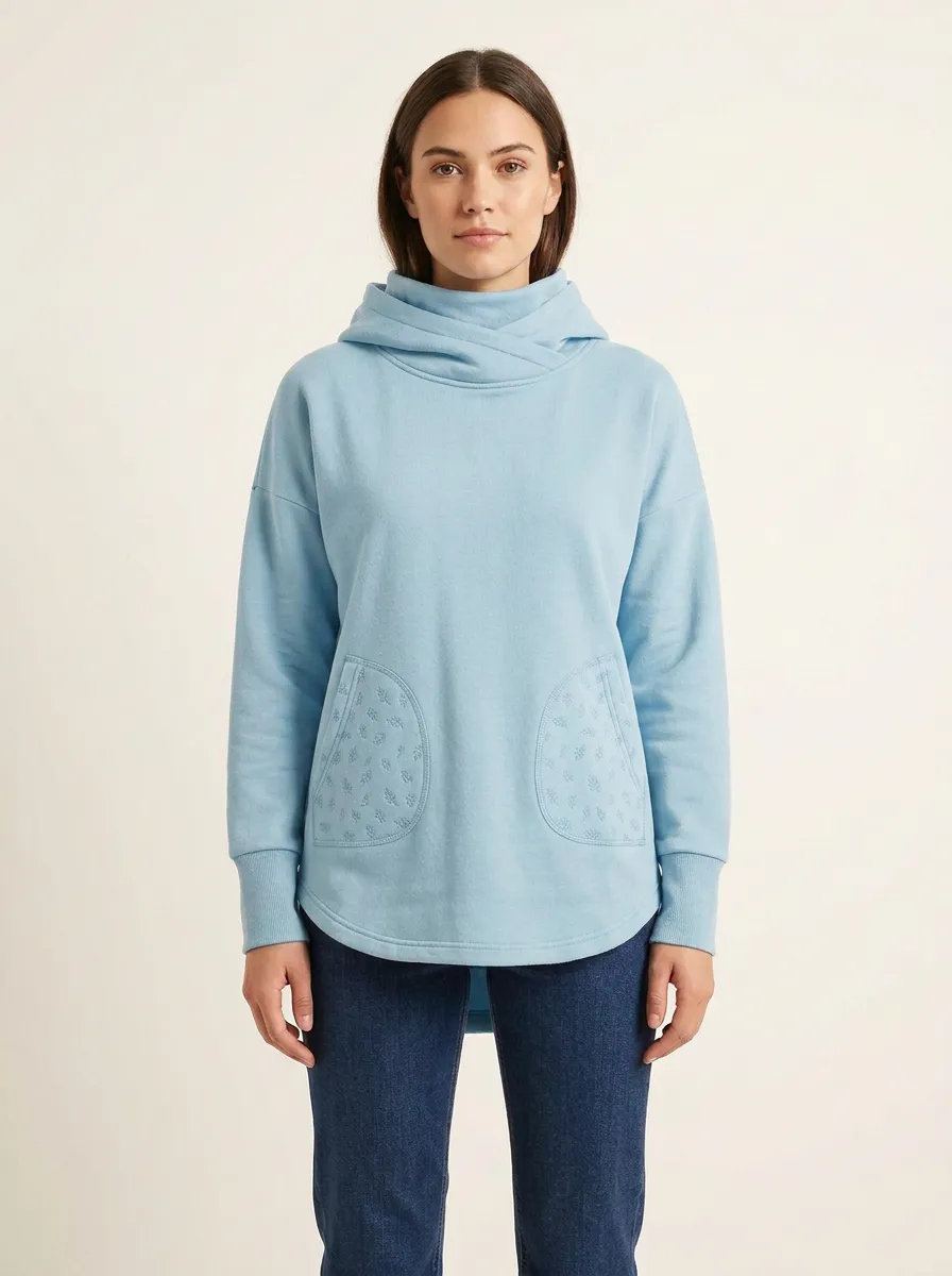 Women's Leaf-Pattern Rounded-Pocket Funnel-Neck High-Low Hoodie