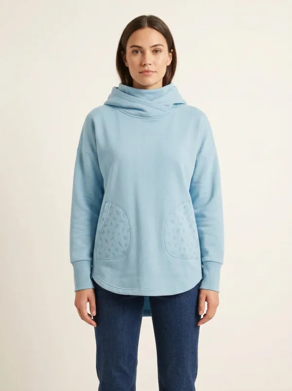 Women's Leaf-Pattern Rounded-Pocket Funnel-Neck High-Low Hoodie