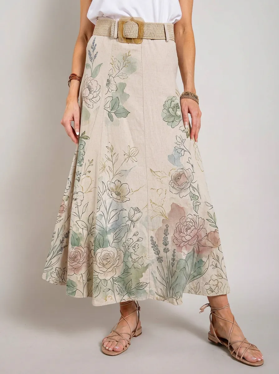 Women's Botanical Floral Watercolor Printed Linen Maxi Skirt