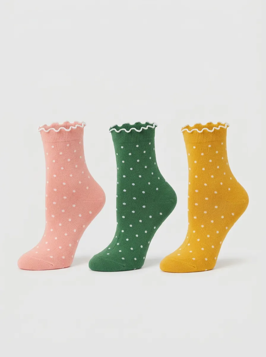 Women's Polka Dot Pattern Ruffle Trim Printed Socks 3-Pack