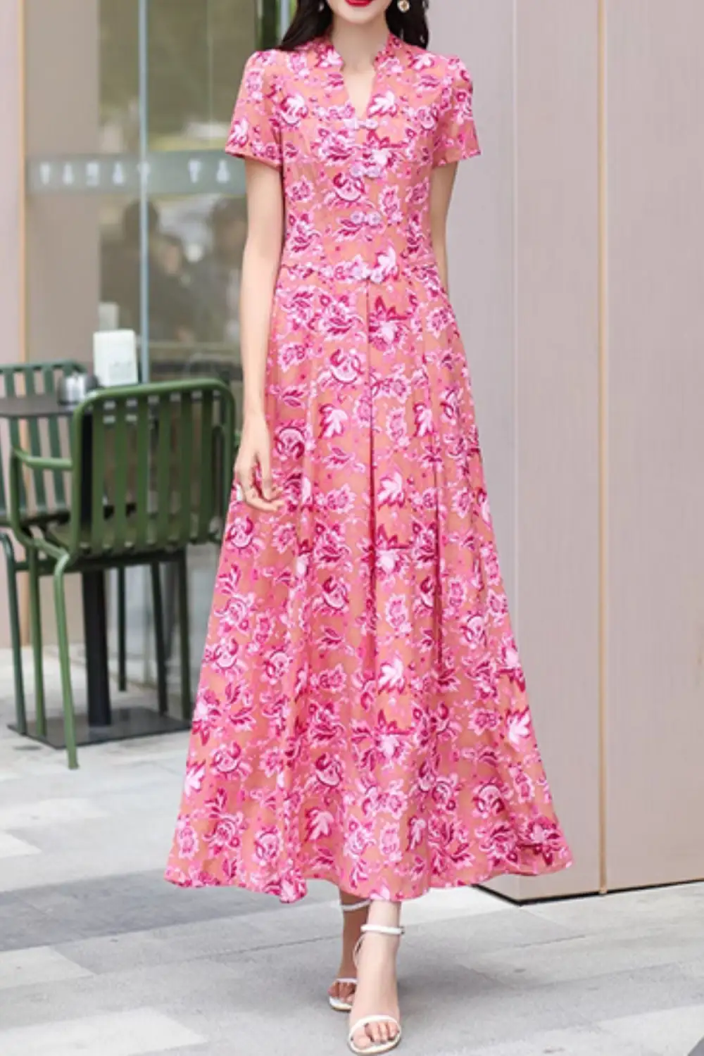 Classic Floral Chiffon V Neck Short Sleeve Maxi Dress