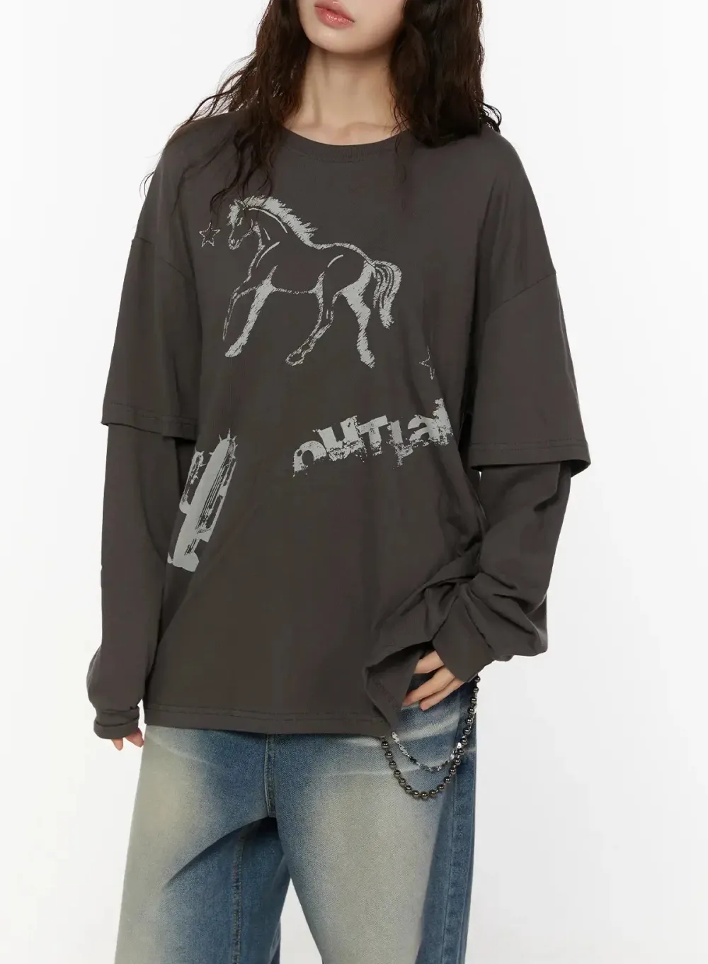 Graphic Oversized Layered Long Sleeve Top