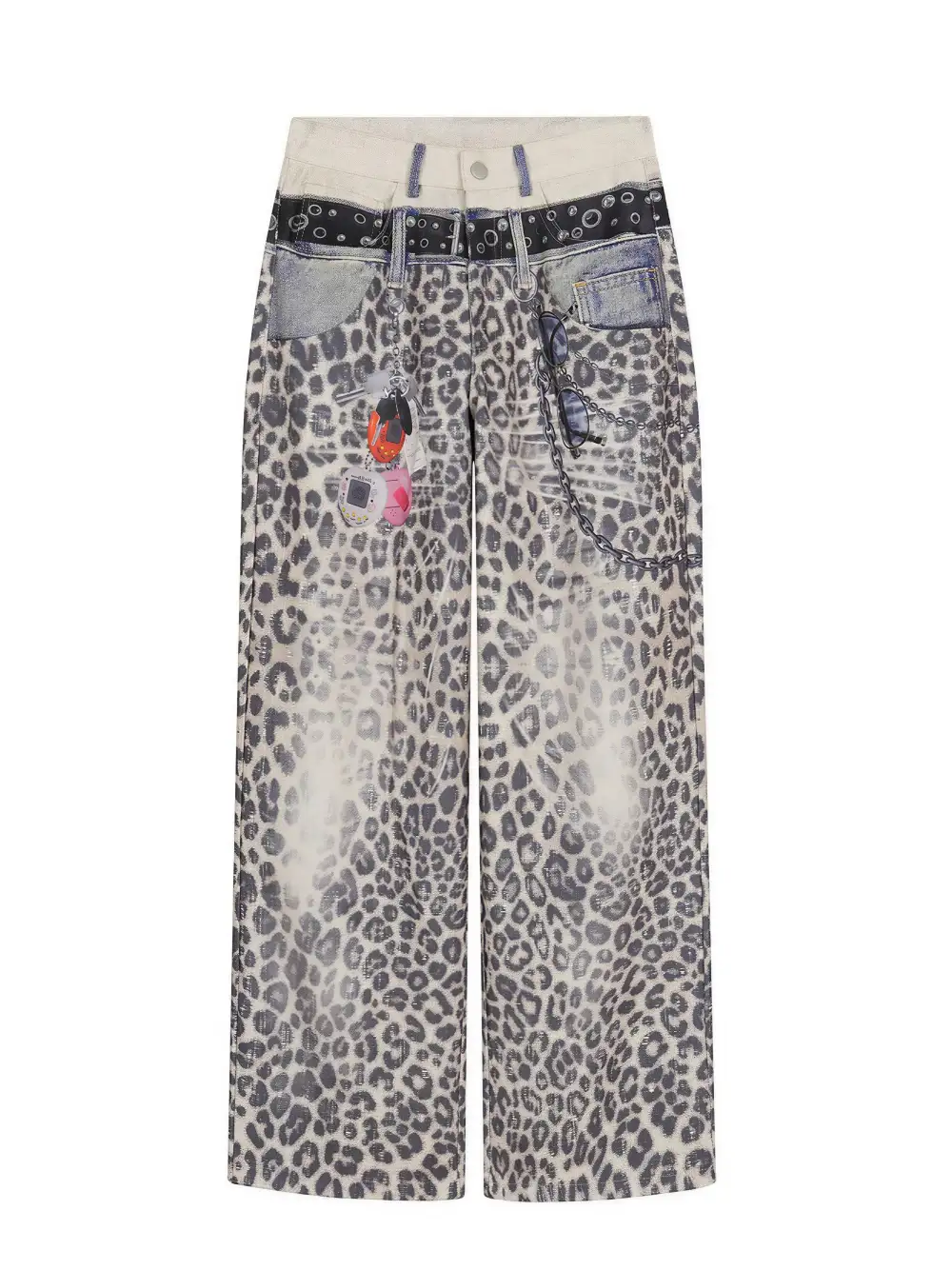 Wide-Leg Printed Contrast-Detail Pants