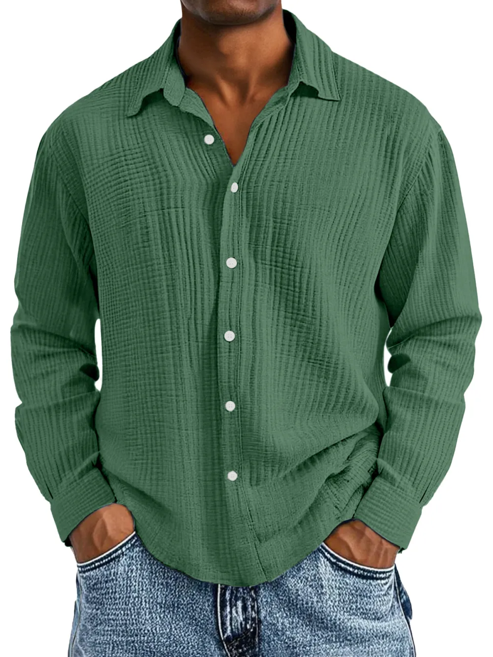 Layered Long Sleeve Camp Collar Pleated Front Shirt
