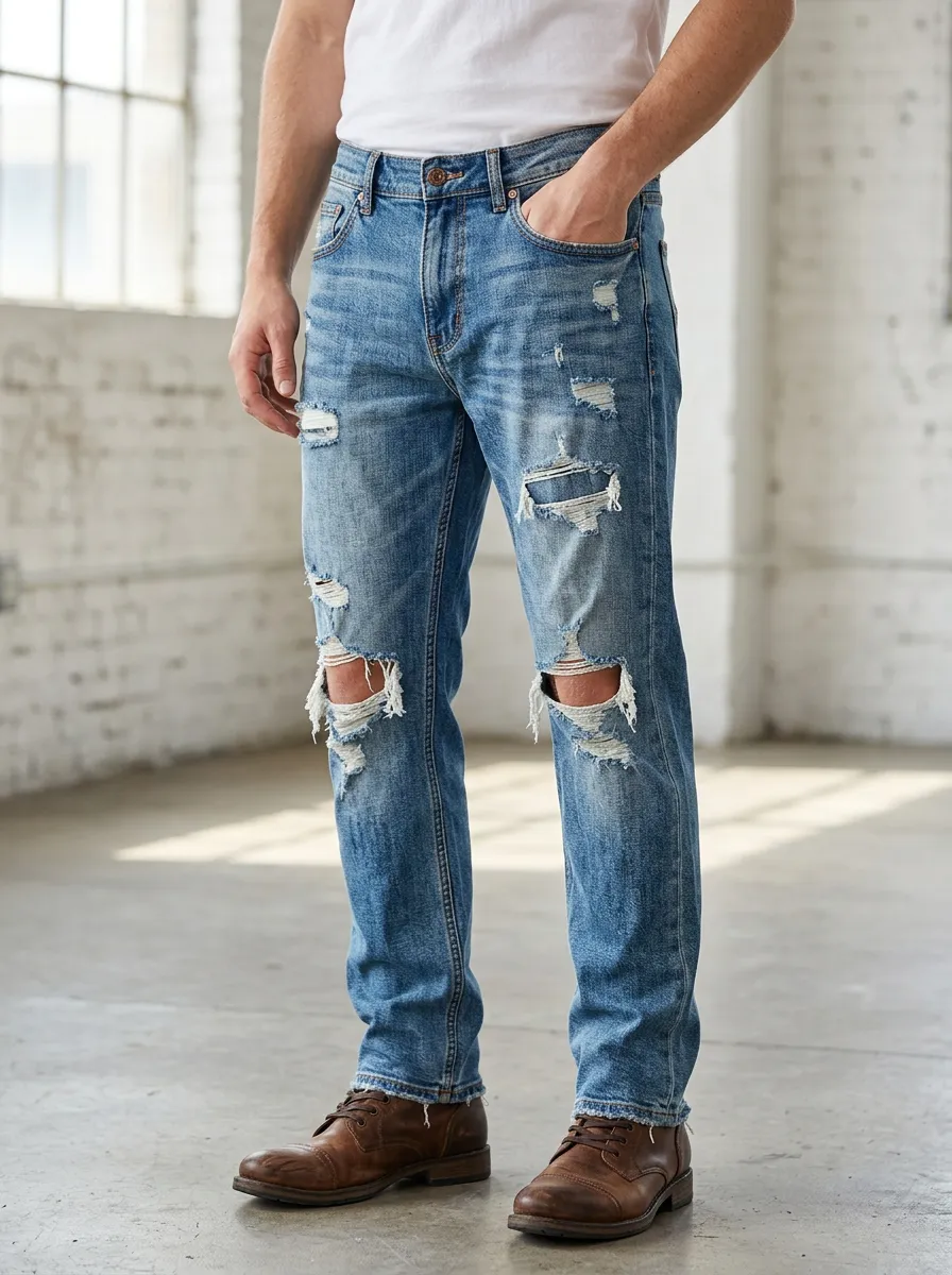 Men's Wash Zip Fly Ripped Jeans