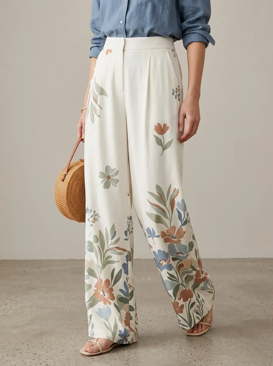 Women's Off-White Floral Print Blue High-Waisted Wide-Leg Trousers