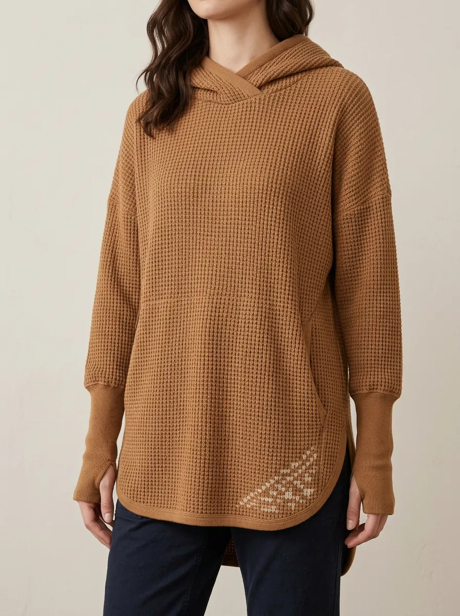 Women's Brown Waffle Knit Geometric Pattern Printed Hoodie