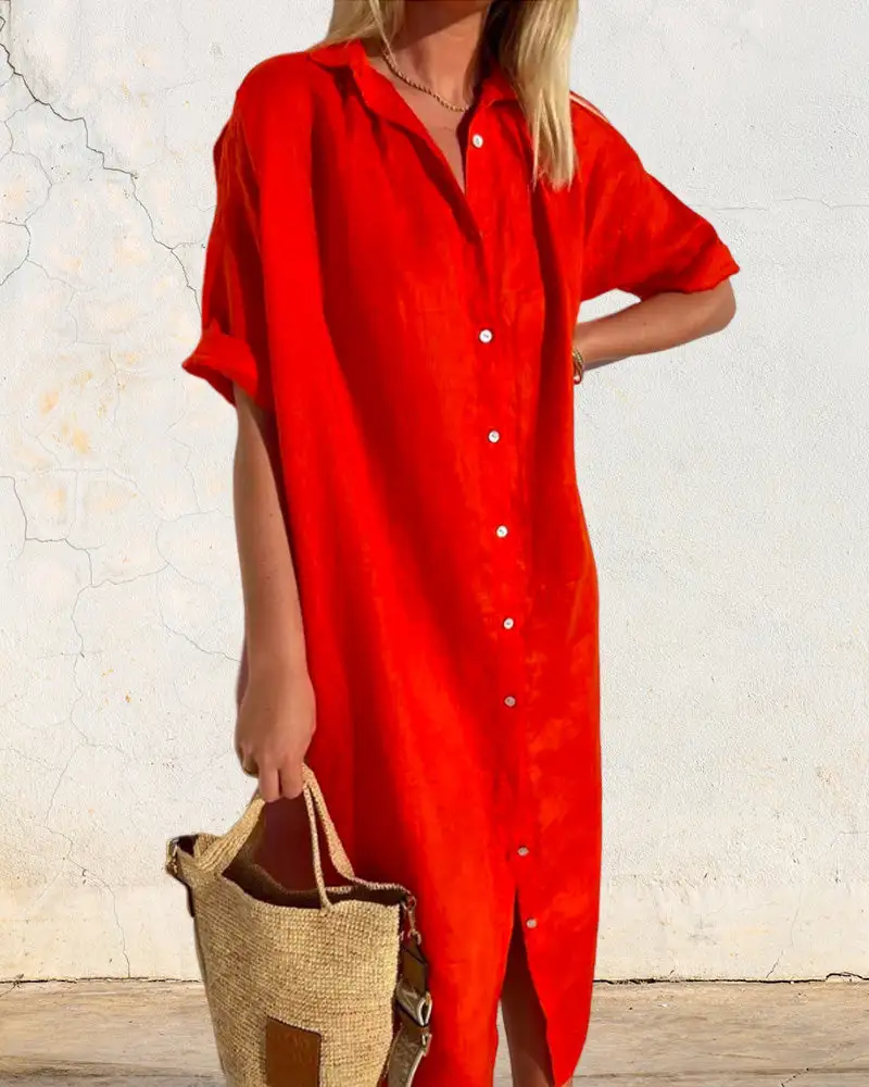 Women's Shirt Short-Sleeve Button-Detail Summer Dress
