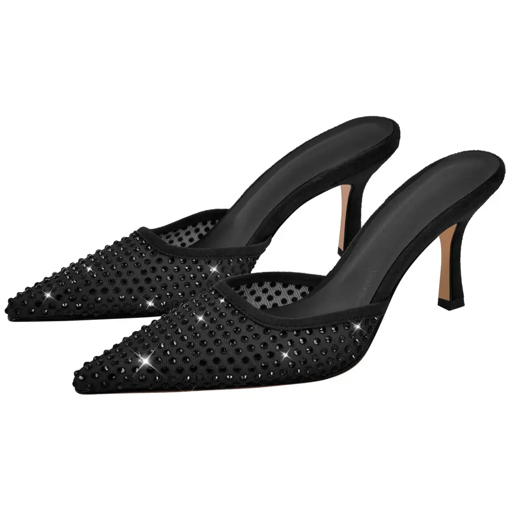 Rhinestone Pointed Toe Stiletto Slip On Heeled Mules