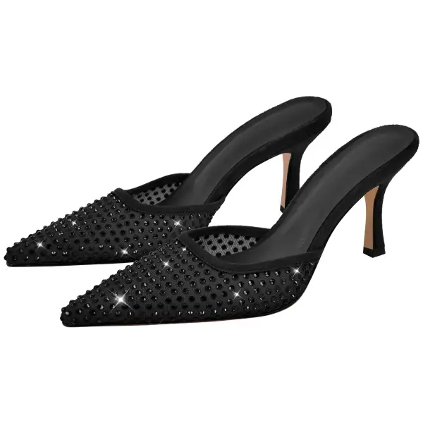 Rhinestone Pointed Toe Stiletto Slip On Heeled Mules