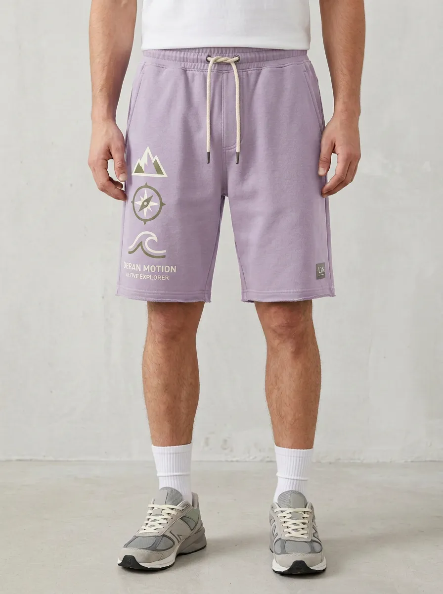 Men's Mountain Compass Wave Elastic-Waist Printed Sweat Shorts