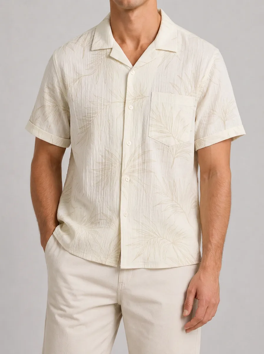 Men's Palm Leaf Print Camp Collar Shirt