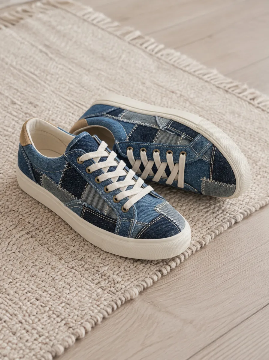Women's Denim Patchwork Pattern Printed Sneakers