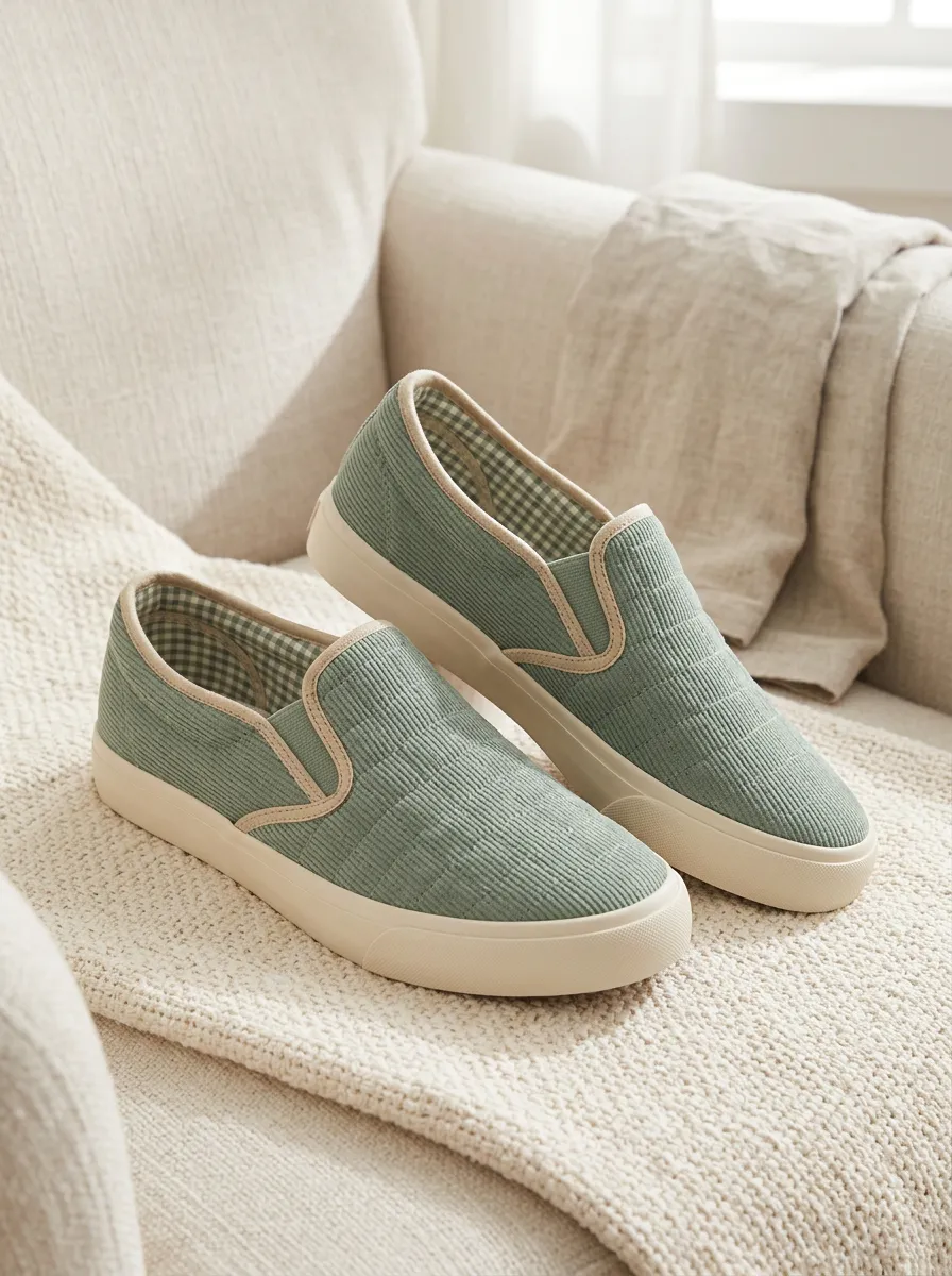 Women's Sage Green Corduroy Gingham Lined Slip-on Shoes