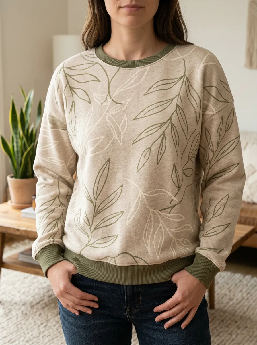 Women's Leaf Print Crewneck Sweatshirt Botanical Drop Shoulder