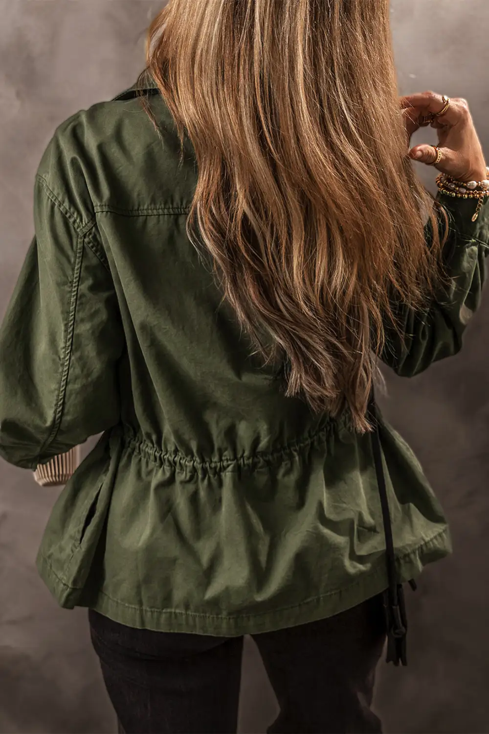 Snap-Button Collared Cinch-Waist Jacket