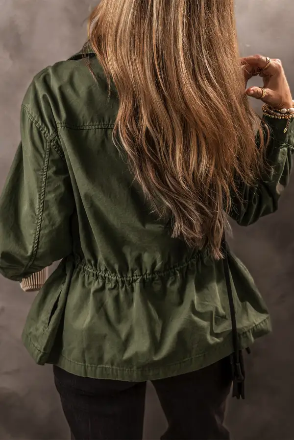 Snap-Button Collared Cinch-Waist Jacket