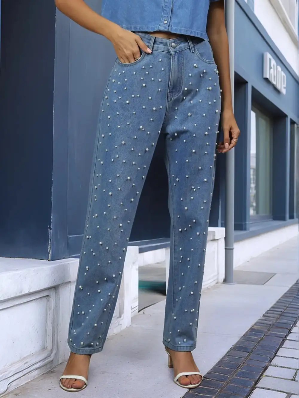 Pearl Detail Pocket Denim Jeans