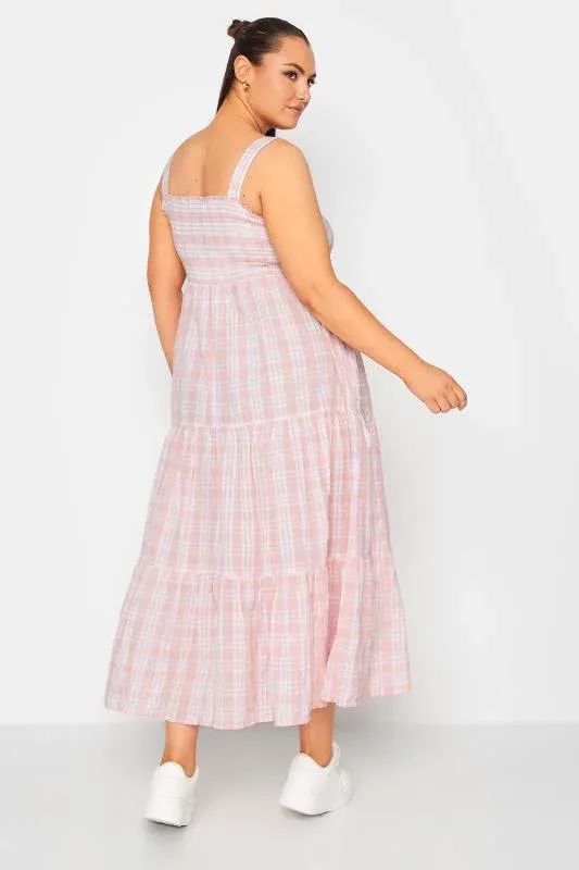 Pink Check Print Shirred Strappy Sundress