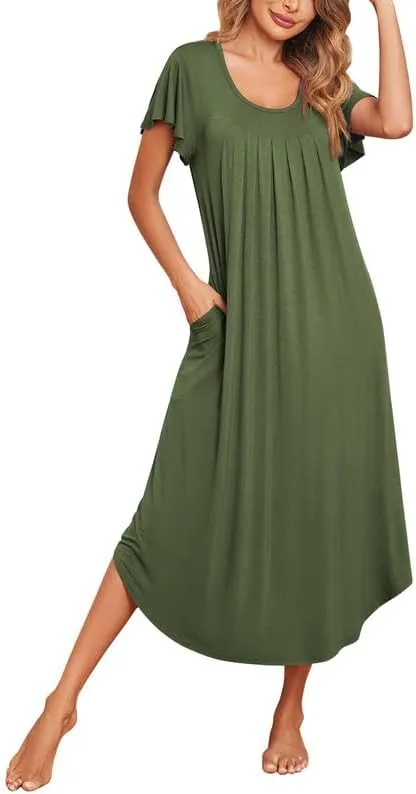 Ekouaer Long Nightgowns for Women with Pockets Short Sleeves House Dresses
