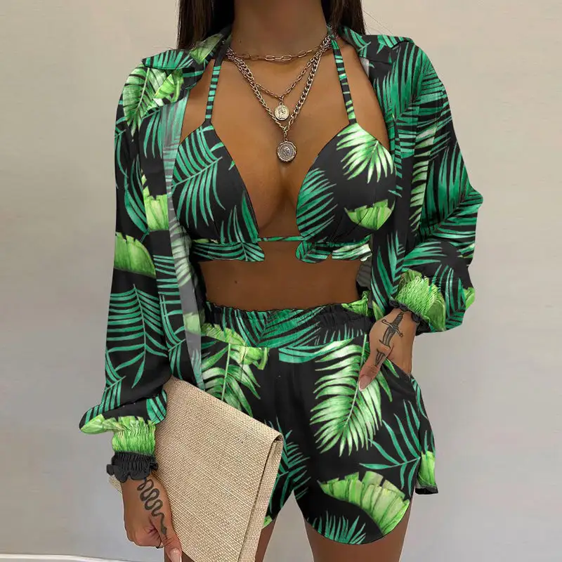 Long Sleeve Shirt Triangle Shorts Swim Bottoms