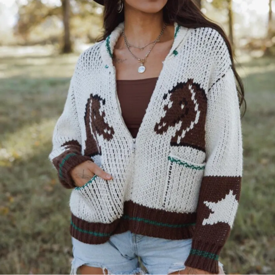 Western Horse Motif Zip Front Oversized Cardigan