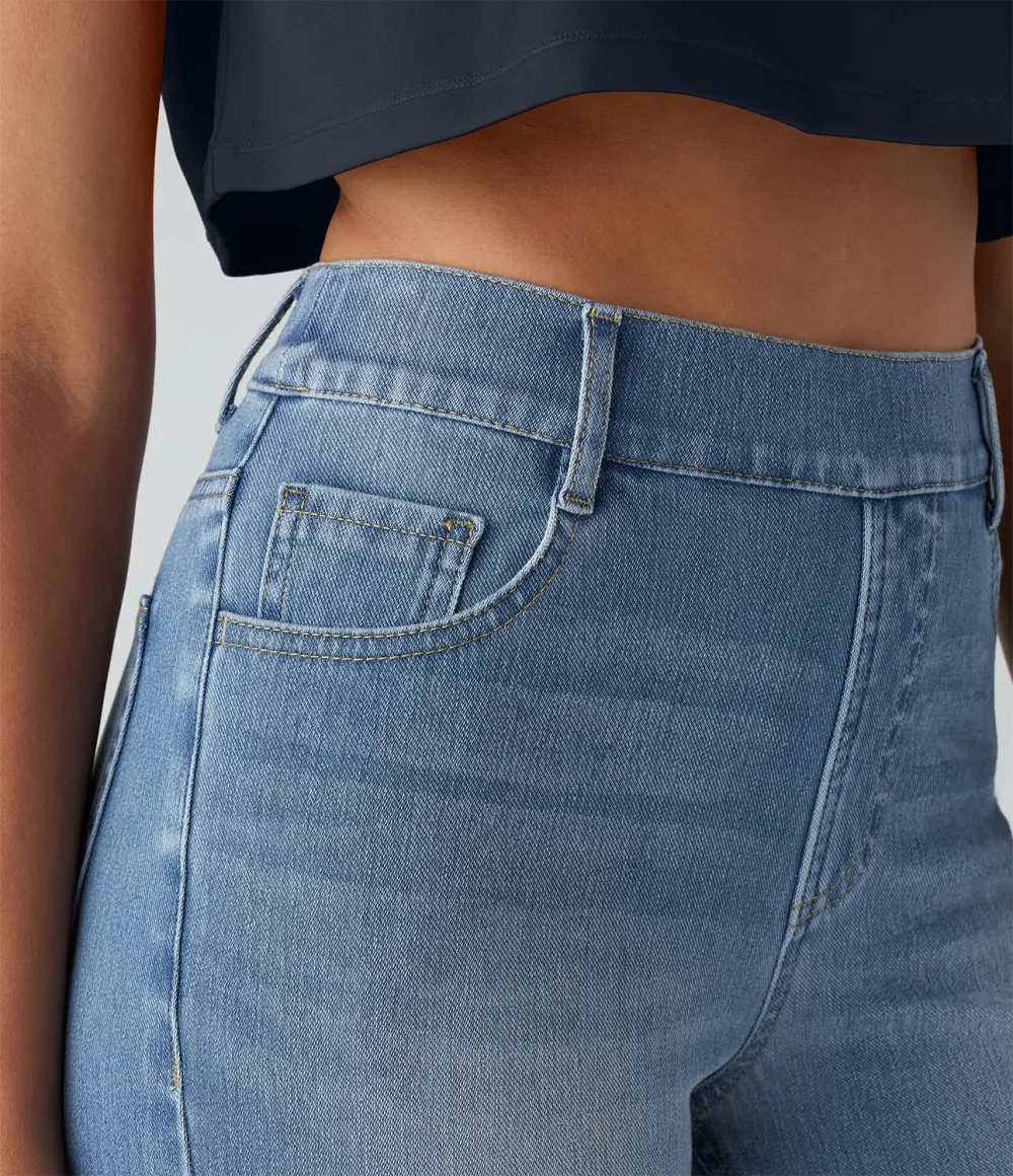 Magic High Waisted Multiple Pockets Straight Leg Washed Stretchy Knit Casual Jeans