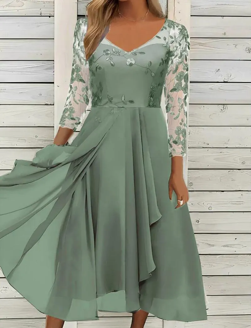 Women's Bodycon V-Neck Three-Quarter-Sleeve Chiffon Midi Dress