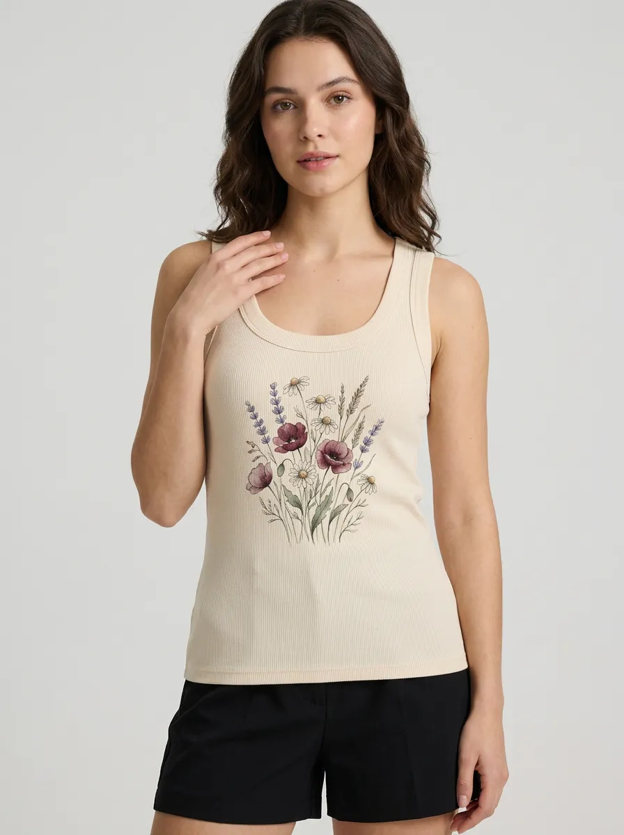 Women's Botanical Nature Lover Wildflower Bouquet Printed Ribbed Tank Top
