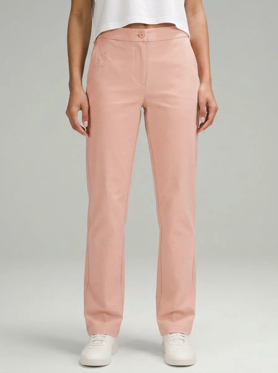Women's Minimalist Botanical Embroidered Mid-Rise Straight Leg Pants