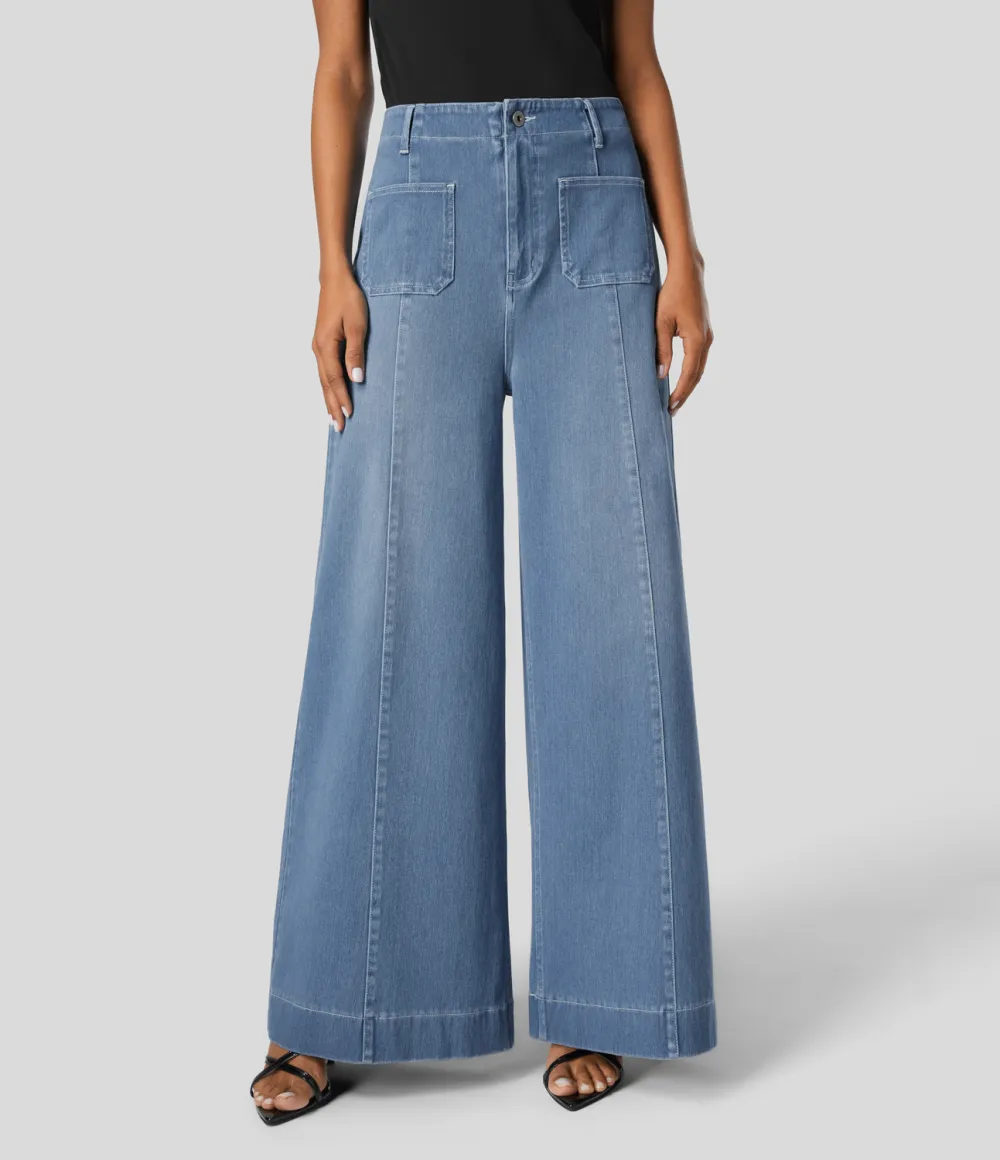 Magic High Waisted Front Pockets Washed Stretchy Knit Casual Wide Leg Jeans