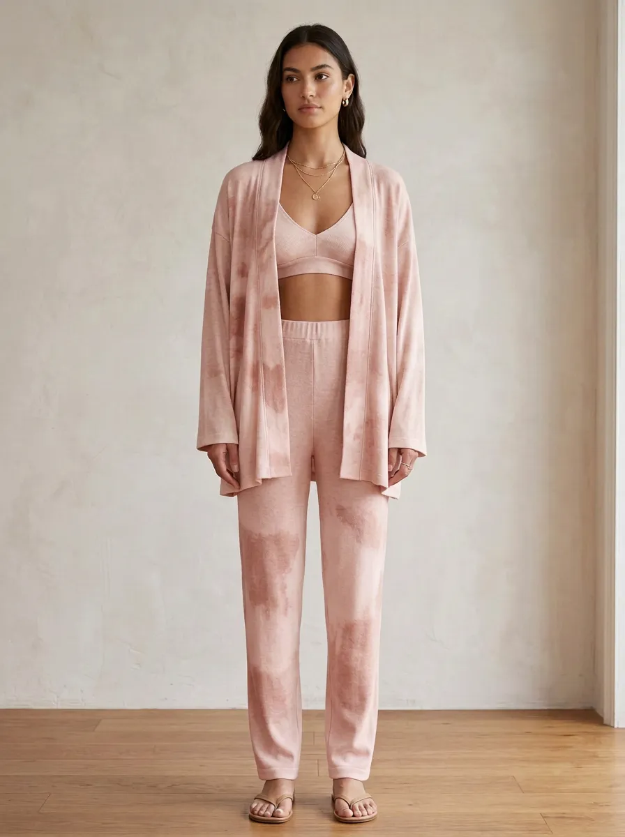 Tie Dye Open Front Strap Detail Cardigan Lounge Set