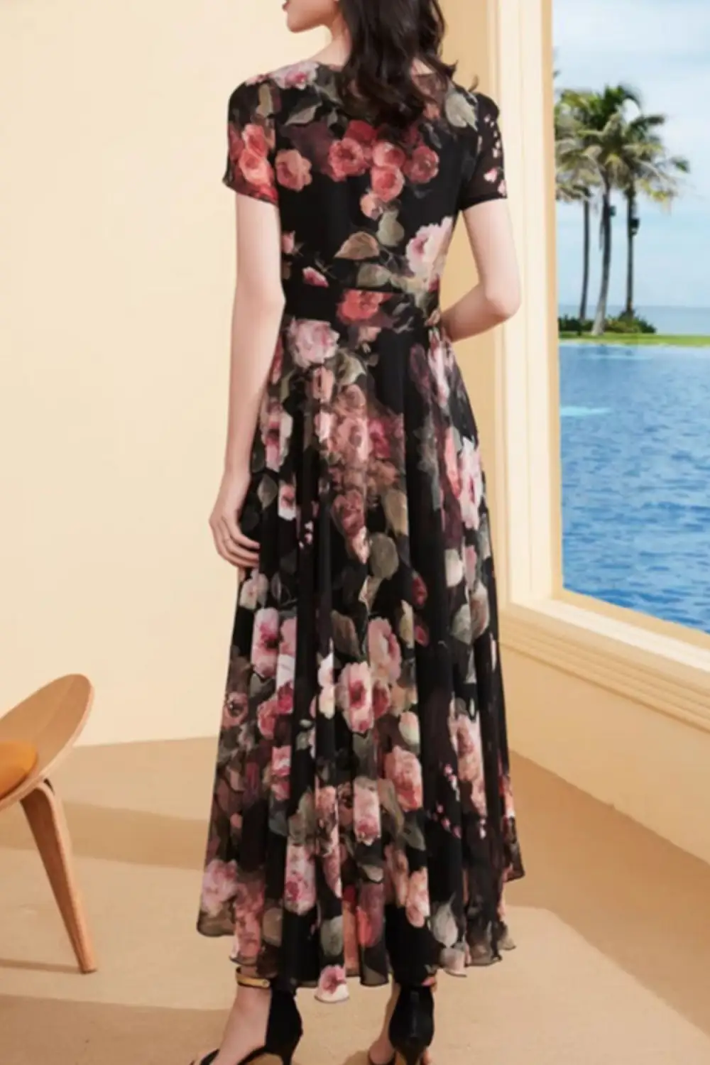 Classic Floral Chiffon Short Sleeve Maxi Dress