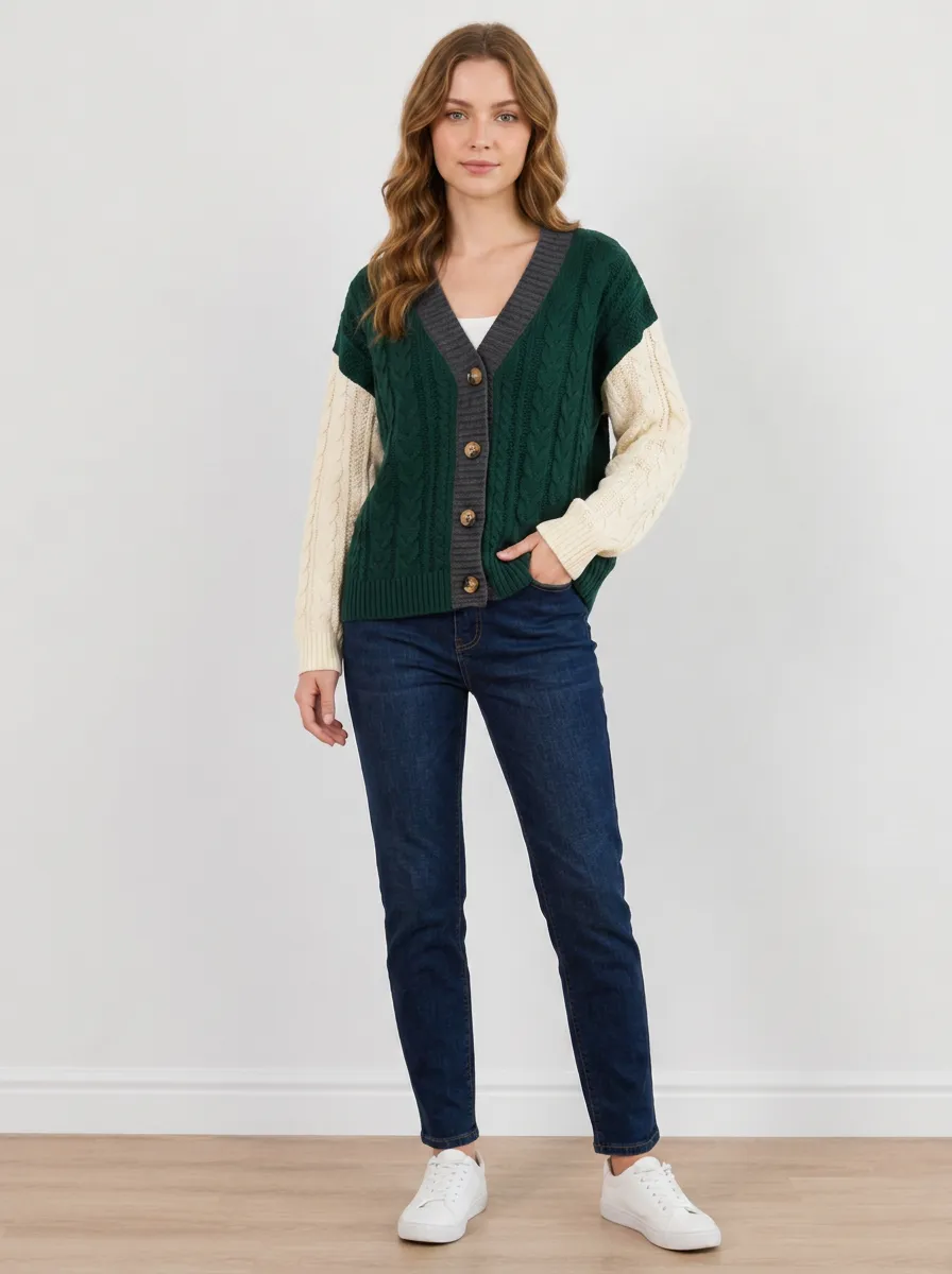 Women's Forest Colorblock Cable Knit Cardigan