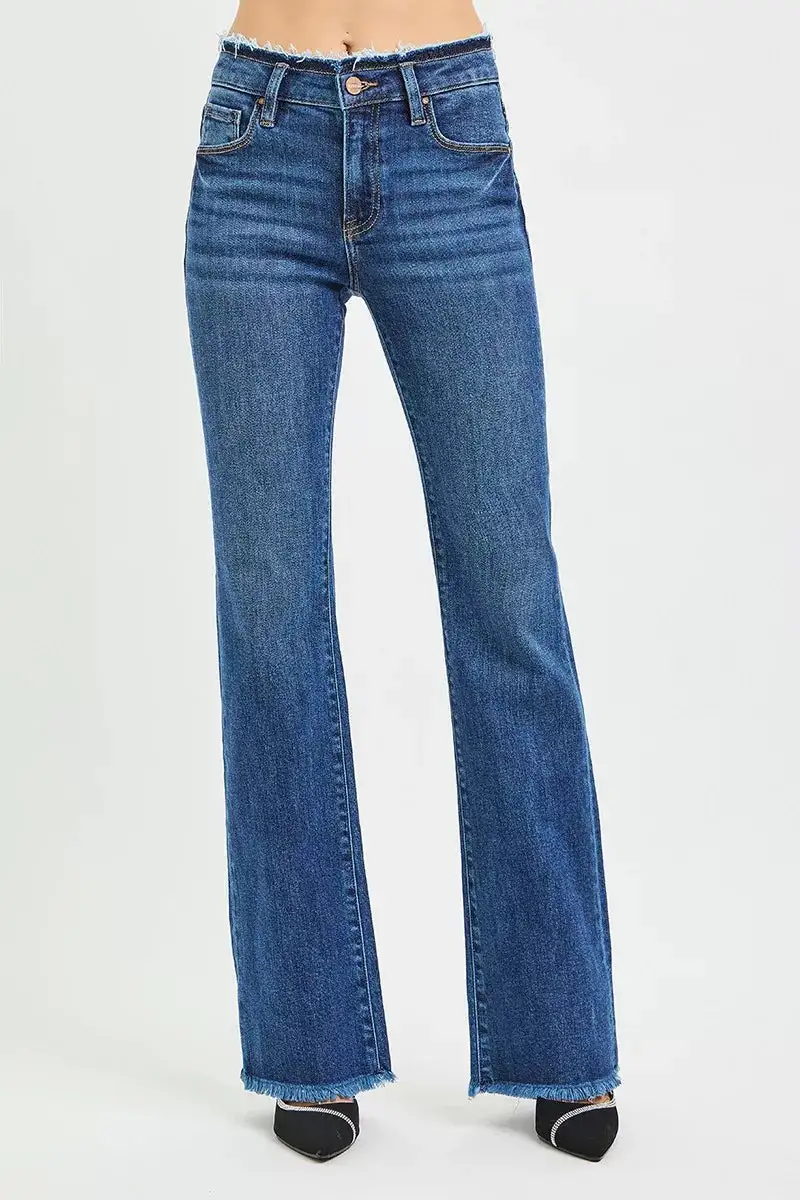 Mid Rise Frayed Hem Bootcut Jeans