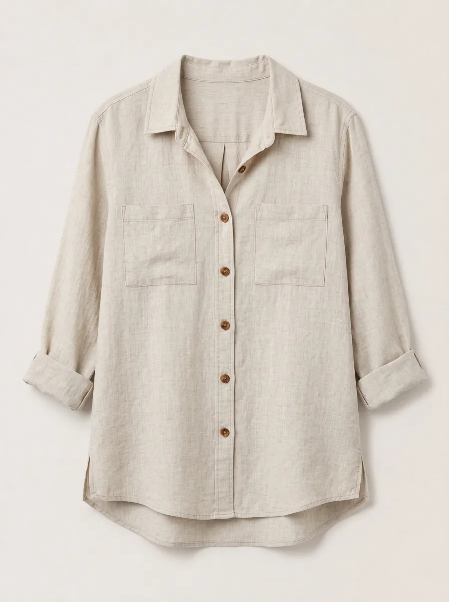 Women's Beige Button-Down Utility Shirt with Chest Pocket