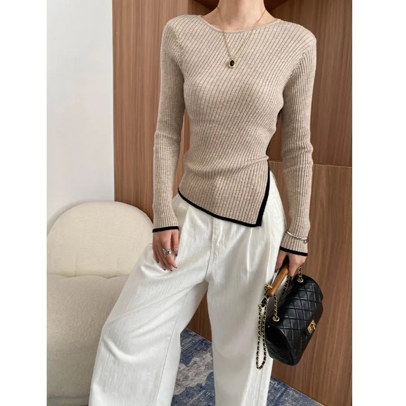Structured Irregular Split Color Slim Knit Sweater