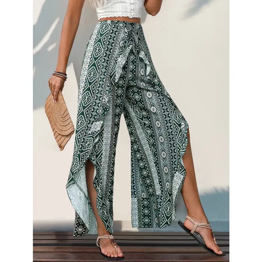 Slit Ruffled Geometric Wide Leg Pants