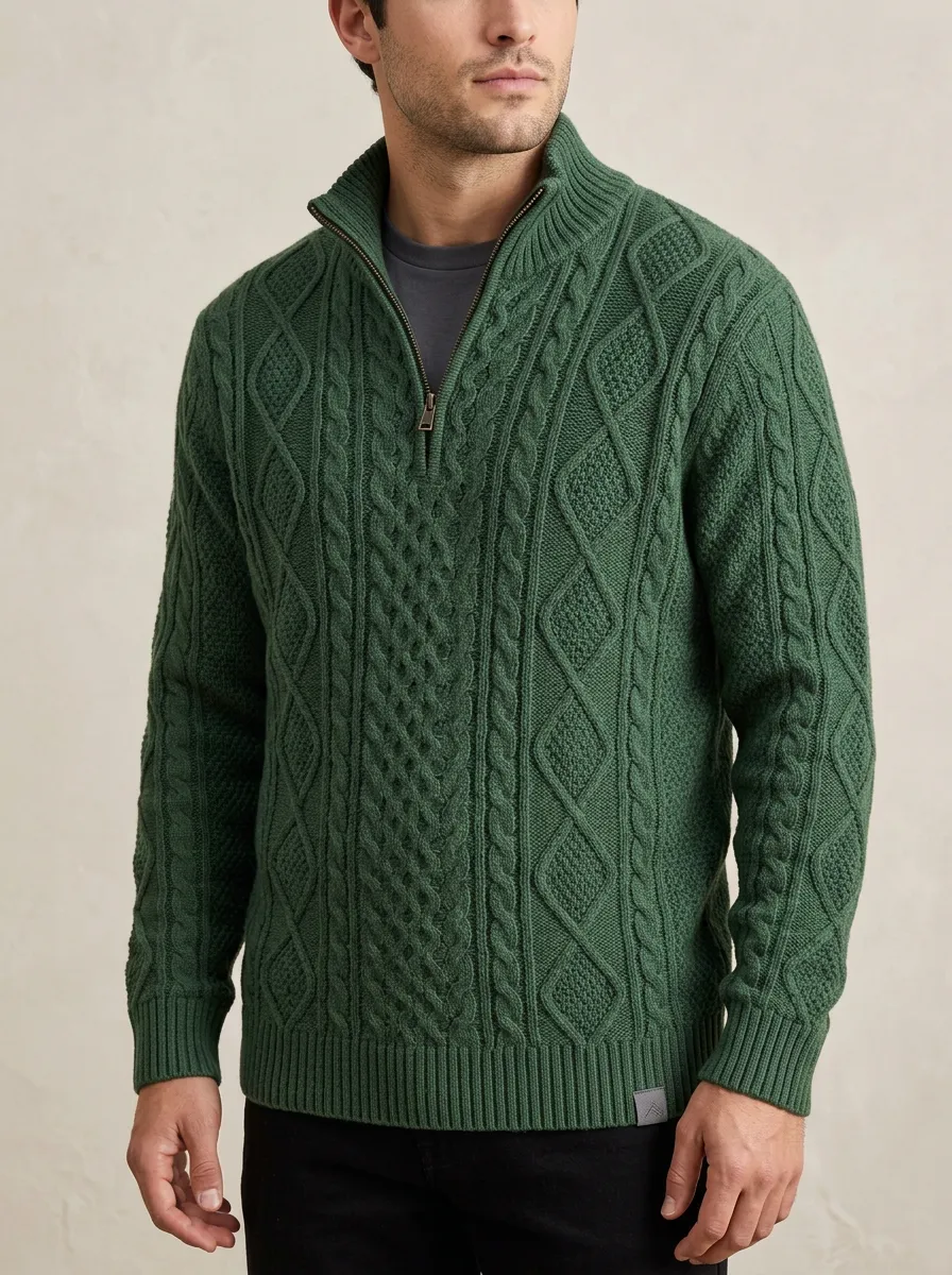 Men’s Ribbed Cable-Knit Quarter-Zip Sweater