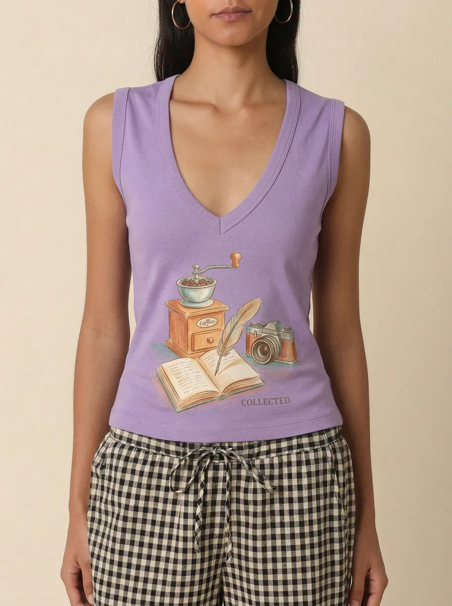 Women's Coffee Book Camera Lover Collected Printed Tank Top