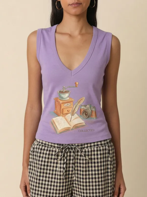 Women's Coffee Book Camera Lover Collected Printed Tank Top