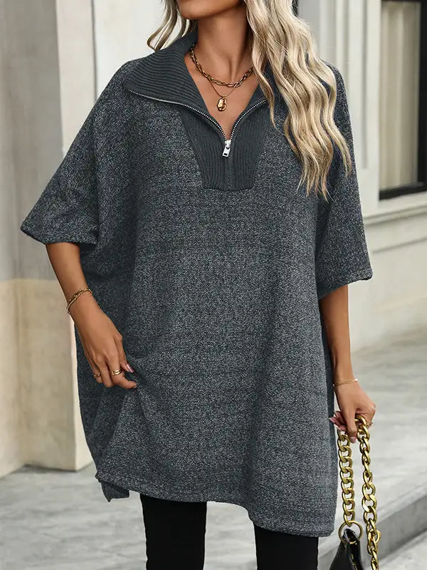 Paneled Zip Detail V-Neck Elbow Sleeve Relaxed Fit Sweater