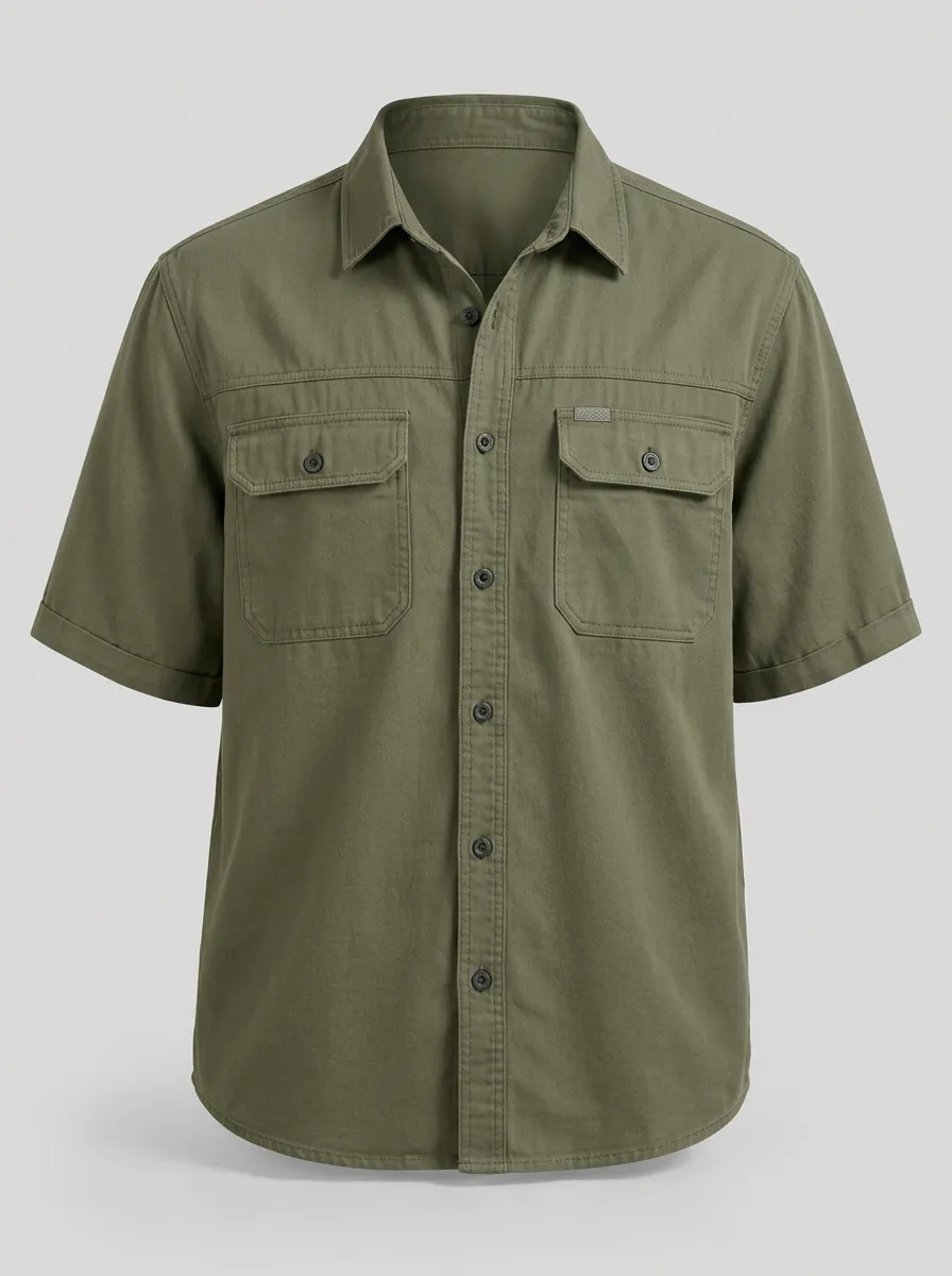 Men's Outdoor Casual Olive Green Button-Down Short Sleeve Shirt