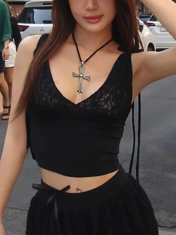 V-Neck Lace Lace-Up Slim-Fit Tank Top