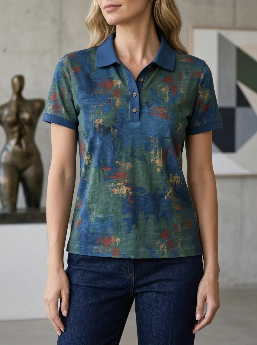 Women's Abstract Art Patterned Printed Polo Shirt