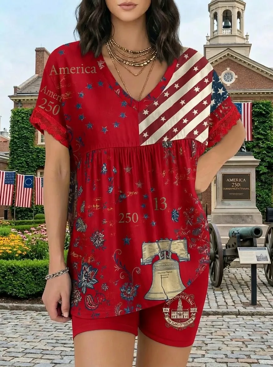 Women's USA Patriotic Liberty Bell 250th Anniversary Printed Set