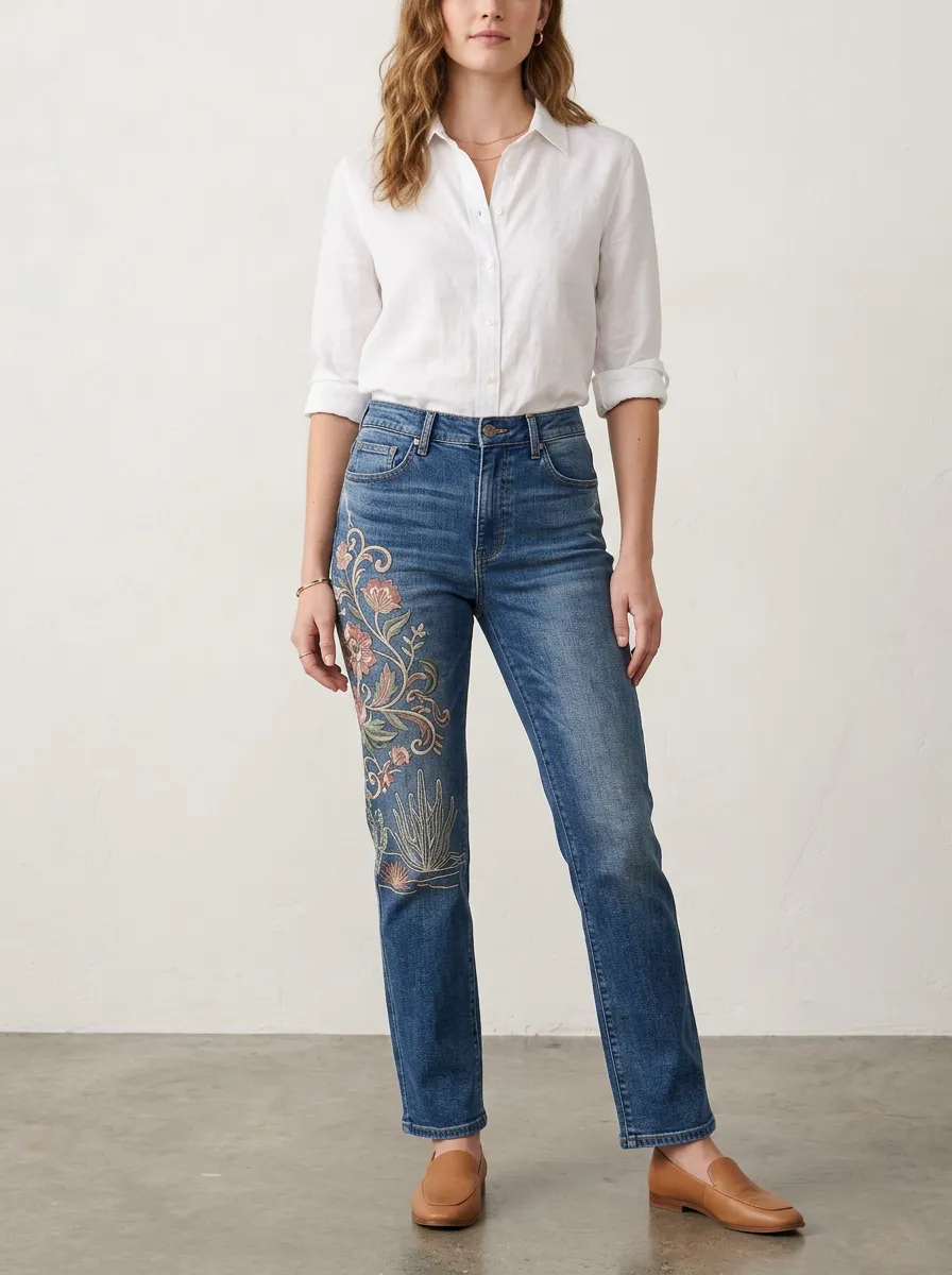 Women's Floral Cactus Pattern Embroidered Printed Straight Leg Jeans