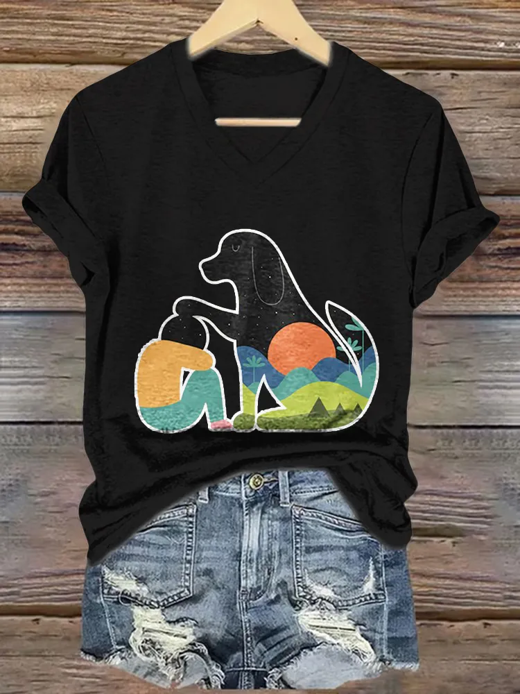 Woman's Puppies And People V-Neck And Short Sleeves T-Shirt
