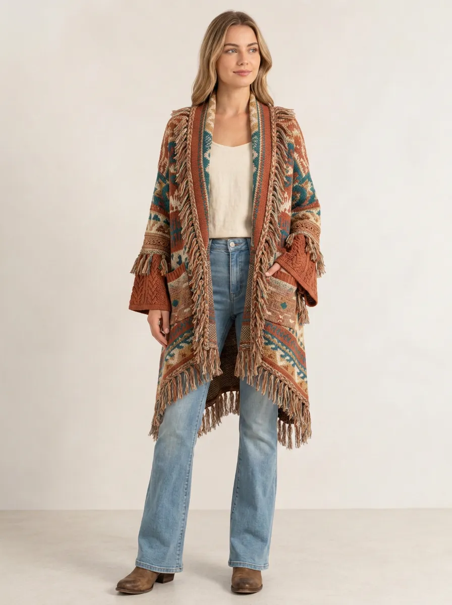Women's Boho Western Aztec Fringe Printed Cardigan